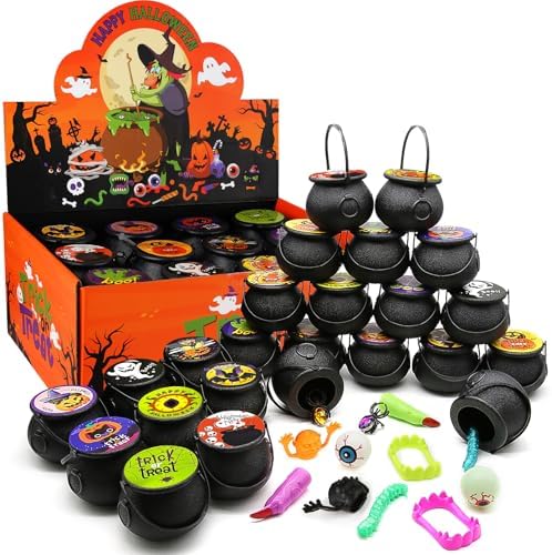168 PCS Halloween Party Favors 24 Pack Prefilled Small Plastic Witch Cauldron Halloween Toys in Bulk Halloween Prizes Gifts for Kids Trick or Treat Halloween Goodie Bag Fillers Party Favor Toys