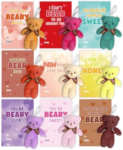 Shemira Valentines Day Gifts Cards for Kids, 24 Mini Stuffed Animal Plush Bears with Valentines Cards, Valentine Cards Gifts for Kids School Classroom Exchange, Valentines Day Gifts for Kids Girls