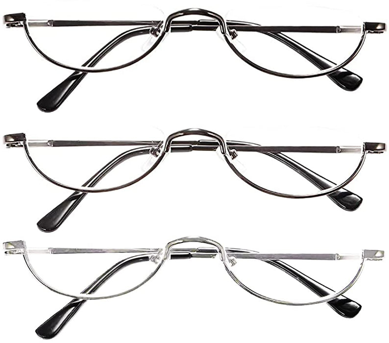 REAVEE 3-Pack Retro Designer Alloy Half Moon Reading Glasses Women Men Half Frame Spring Hinge Stylish Slim Reader with Pouch,Black,Grey and Silver,1.5