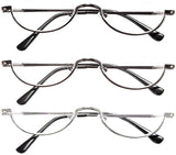 REAVEE 3-Pack Retro Designer Alloy Half Moon Reading Glasses Women Men Half Frame Spring Hinge Stylish Slim Reader with Pouch,Black,Grey and Silver,1.5