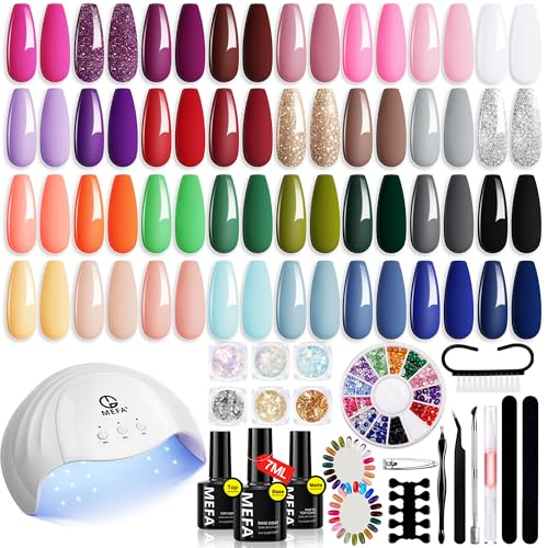 MEFA 54 Pcs Gel Nail Polish Kit with U V Light, 32 Colors Popular Soak Off Nude Pink Red Gel Polish Nail Set with Matte/Glossy Gel Top Base Coat Manicure Tools Nail Art Decorations DIY Salon Home Gift