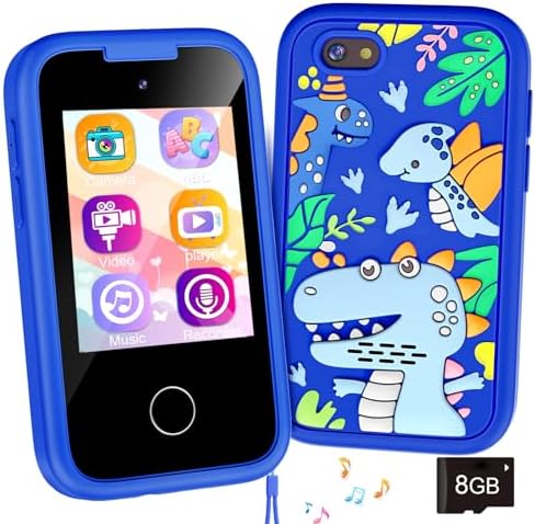 Kids Phone Birthday Gifts Toy for 3 4 5 6 7 8 9 10 Year Old Girls Boy,Toddler Kid Smart Phone with Dinosaur Silicone Cover Educational Games,Music Player,Toys for Girls Boys Age 3-8(Blue)