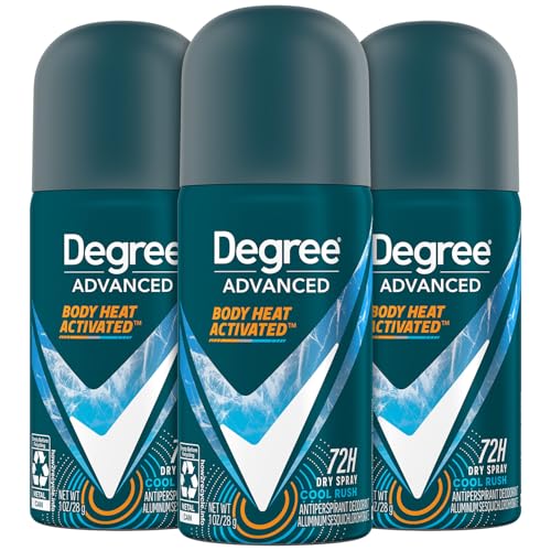 Degree Men’s Travel Deodorant Antiperspirant 3-Pack – 72H Advanced Protection Dry Spray, Cool Rush Scent, 1 Oz Ea