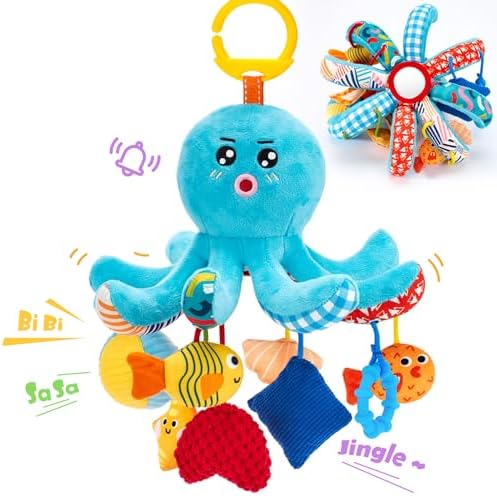 hahaland Baby Toys 0-6 Months - Octopus Toy with Pulling Cords, Squeaky, Crinkle, Rattle, Mirror - Montessori Toys Developmental Newborn Sensory Toy 2 3 4 Month Babies Gifts Easter Basket Stuffers