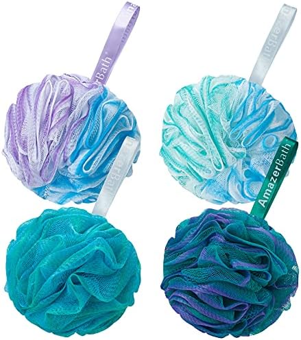 AmazerBath Loofah Sponge 75g/Piece, Exfoliating Bath Sponge Body Scrubber - Loofa Set of 4 Flower Color (Large, Green-Purple)