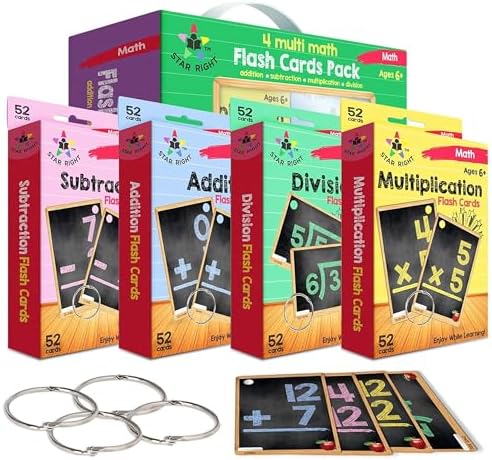 Star Right Math Flash Cards Set of 4 - Math Flashcards Addition, Subtraction, Multiplication, Division with 4 Rings - 208 Cards for Kids Ages 6 and Above - Flash Cards for Math from 1st to 4th Grade