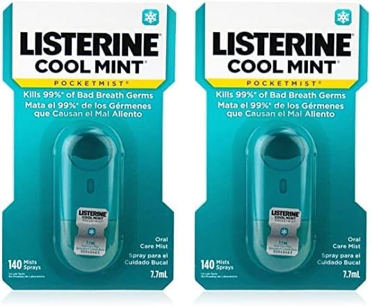 Listerine Cool Mint Pocketmist, Oral Care Mist for Fresh Breath, Non-Aerosol Sugar-Free Bad Breath Refresher Spray to Kill 99% of Bad Breath Germs, Portable, Cool Mint Flavor, 2 Sprays