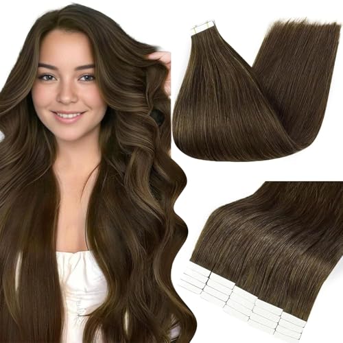 Full Shine Tape in Human Hair Extensions 14 Inch Tape in Hair Extensions Real Human Hair Color 3 Brown Invisible Tape in Hair Extensions 50grams Remy Hair Extensions 20PCS Tape in Extensions Tape