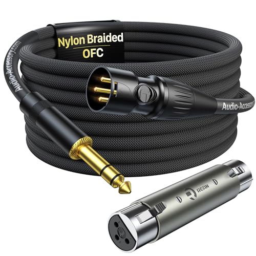 XLR Male to 1/4 Cable with XLR Female to Female Adapter Bundle, Rean Connectors from Neutrik, Kevlar-Reinforced Nylon Braided TRS to XLR Cable, Balanced Quarter Inch to XLR Male Cable, 10ft, OFC