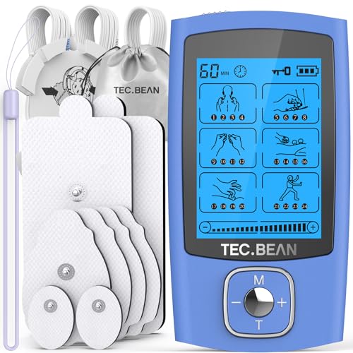 TEC.BEAN 24 Modes Tens Unit Muscle Stimulator, Rechargeable Tens Machine with 8 Electrode Pads (American Gel), Electric Pulse Massager for Pain Relief Therapy（Blue）