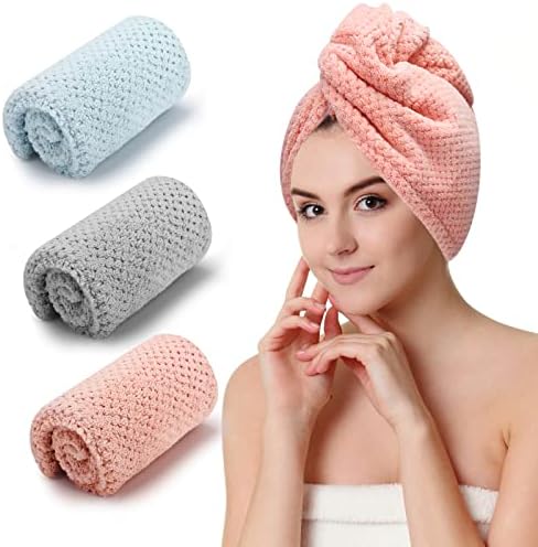 3 PCS Microfiber Hair Towel, Hair Wraps for Women Wet Hair, Fast Drying Hair Turban, Anti Frizz Head Towels Wrap for Curly Hair (Grey, Pink, Blue)