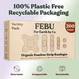 FEBU Eco-Friendly Organic Bamboo Fabric Bandages for Sensitive Skin | PFAS Free Bandages for Scrapes & Cuts | Flexible Latex Free Bandages | Compostable | 200 Count Bulk Variety Pack