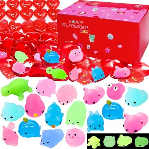 CAMIRUS 28 Pack Valentines Day Cards with Kawaii Mochi Squishies Toys, Glow in The Dark Cute Mini Squishies Stress Relief Toy, Valentines Exchange Gift Cards for Kids School Classroom Party Favors