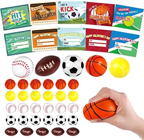 Shemira 30 Pack Valentine's Day Cards for Kids with Mini Sport Balls for School Classroom Valentine's Gifts Exchange, Squeeze Foam Balls for Valentine's Party Favors, Valentine's Prizes for Kids