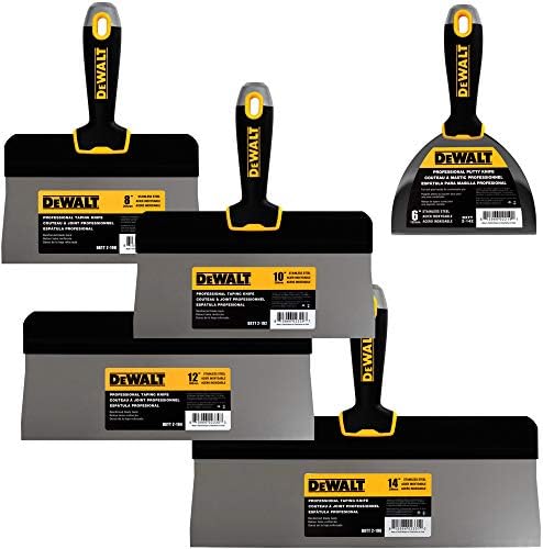 DEWALT Stainless Steel Big Back Taping Knife 4-Pack + Free Bonus 6" Soft Grip Putty Knife | 8/10/12-Inches | Soft Grip Handles | DXTT-3-172