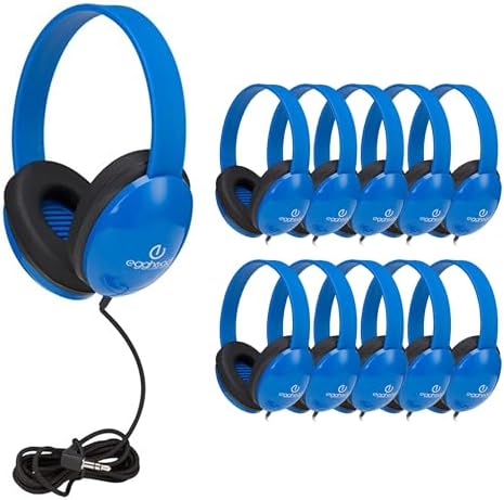 Egghead Heavy-Duty Kids' Headphones with Padded Ear Cups and 6' Cord, Adjustable Tangle-Free Plastic Classroom Headphones for Kids, Pack of 10, Blue