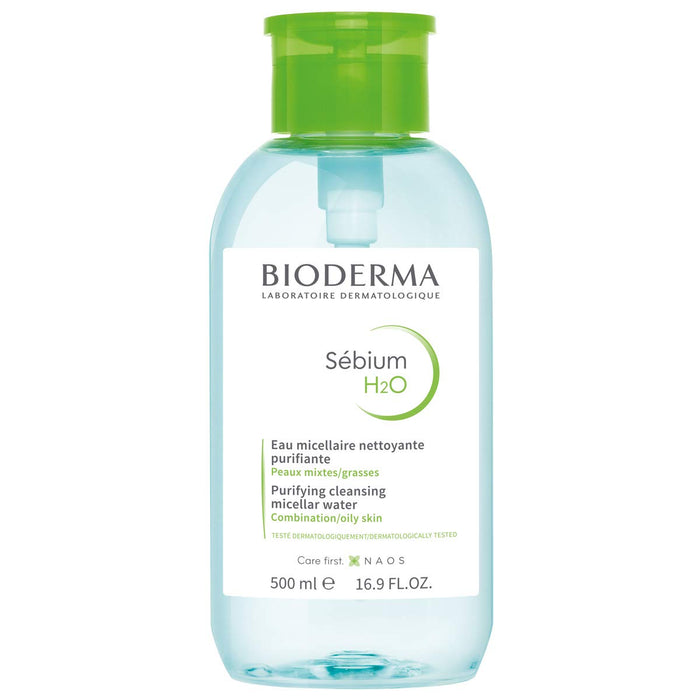 Bioderma Sébium H2O PUMP, Micellar Water, Cleansing and Make-Up Removing for Combination to Oily Skin, Green Bottle, 17 Fl Oz