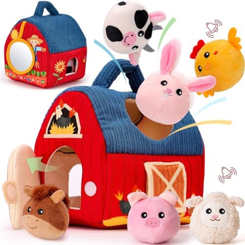 hahaland Baby Toys 6-12 Months - Surprise Barn with Stuffed Farm Animals, Rattle, Crinkle Paper, Mirror - Montessori Toys for Babies, Sensory Balls for Toddlers 1-3 - Baby Easter Basket Stuffers Gifts