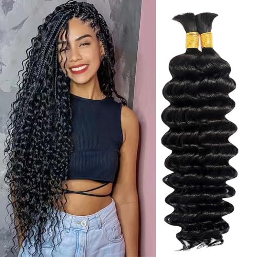 Human Braiding Hair for Boho Braids 100% virgin Human Hair 110g 20 Inch Curly Knotless 12A Deep Wave Bulk Bohemian Braiding Hair for 2 Bundles/Pack Extensions Natural Color (20 Inch 110g)