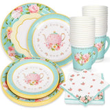 Whaline Tea Party Tableware Supplies Serves 24 Spring Floral Tea Party Disposable Paper Dinnerware, 24 9" Plates 24 7" Saucer Plate 24 9oz Tea Cups with Handle 48 Luncheon Napkins