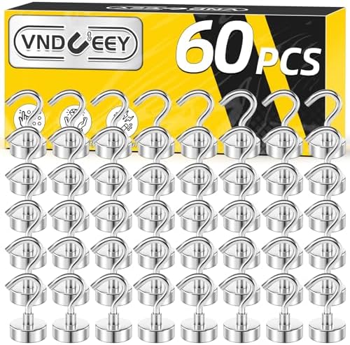 VNDUEEY 60 Pack Strong Magnetic Hooks, 25Lbs Magnet Hooks Heavy Duty, Metal Magnetic Hooks for Hanging, Magnetic Hook for Cruise, Kitchen, Garage, Classroom, and Office