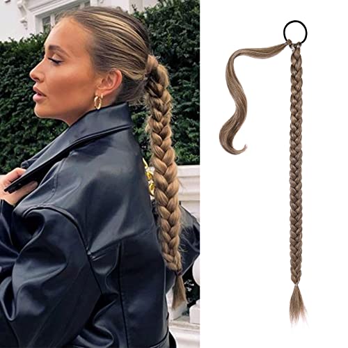 SEIKEA Long DIY Braided Ponytail Extension with Hair Tie Straight Wrap Around Hair Extensions Ponytail Natural Soft Synthetic Hair Piece Dark Ash Blonde with Highlights 20 Inch (After Braided 16 Inch)