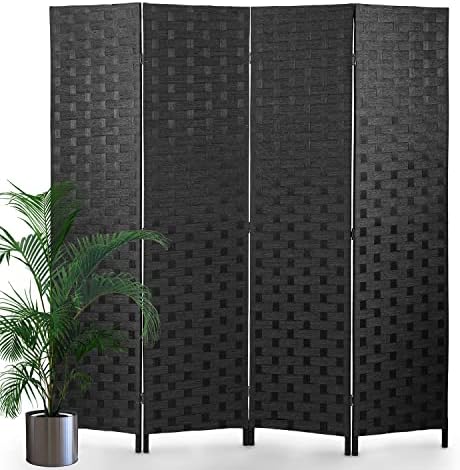 Room Divider,4 Panels 6FT Folding Privacy Screen Room Divider Wall Wood Mesh Hand-Woven Design Freestanding Partition Portable Wall for Home Office Bedroom(Black)