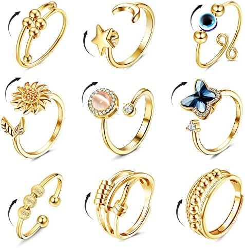 FIBO STEEL 9 Pcs Fidget Anxiety Rings for Women Men Spinner Rings for Anxiety Relieving Stress Open CZ Flower Moon Star Anti Rotatable Rings Adjustable