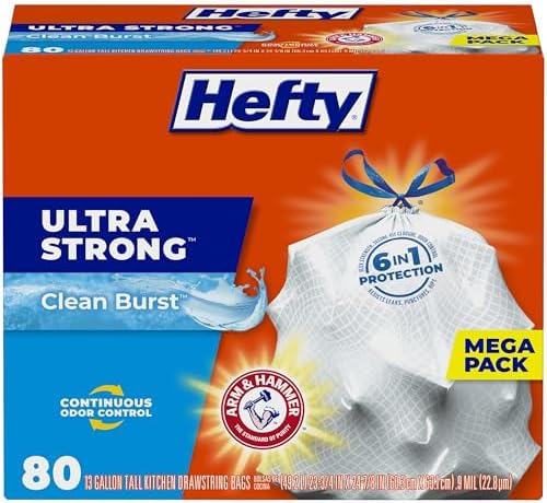 Hefty Ultra Strong 13 Gallon Trash Bags, Tall Kitchen Trash Bags 13 Gallon Size, Drawstring Closure, Continuous Odor Control, White, Clean Burst Scent, 80 Bags