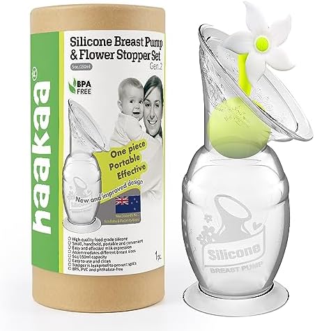 Haakaa Manual Breast Pump Silicone Breast Pump Milk Saver Milk Pump with Suction Base and Flower Stopper 100% Food Grade Silicone BPA Free (5oz/150ml) (White)