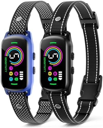2 Pack Bark Collar, Rechargeable Dog Bark Collar for Large Medium Small Dogs, Smart Training Collar with 5 Adjustable Sensitivity Beep Vibration Harmless Shock, Anti Barking Device for Dogs (Blue)