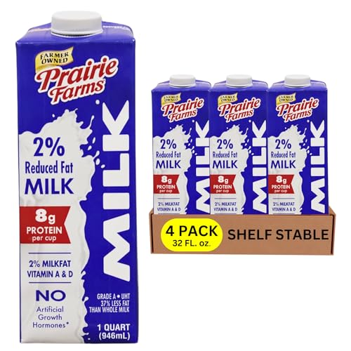 Prairie Farms Milk 2% Percent, Shelf Stable, Reduced Fat, Boxed & Ulta Pasteurized (UHT), Vitamin D White Milk - Preservative and Hormone Free, Gluten Free, Kosher, Made in USA - 1 Quart (4 Pack)
