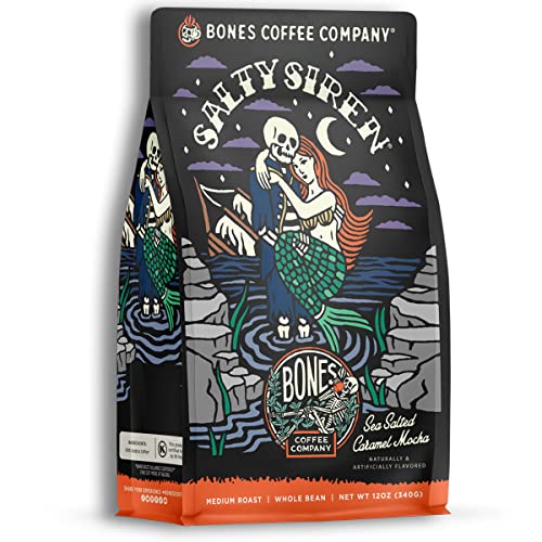 Bones Coffee Company Salty Siren Flavored Coffee Beans, Whole Bean Coffee Medium Roast Low Acid, Caramel Chocolate Flavor (12 oz)