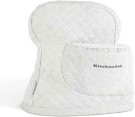 KITCHENAID Fitted Tilt-Head Stand Mixer Cover with Storage Pocket, Quilted 100% Cotton,14.4"x18"x10", Ticking Stripe Charcoal Grey
