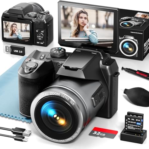 64MP 5K Digital Camera for Photography, Vlogging Cameras for YouTube with 3” Flip Screen,16X Digital Zoom, WiFi& Autofocus,2 Batteries, 32GB TF Card(S200,Black)