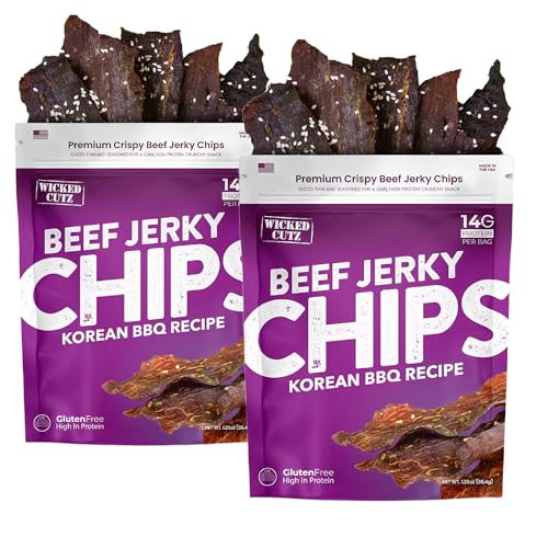 Wicked Cutz Korean BBQ Beef Jerky Chips, Thin, Crispy, Crunchy Beef Jerky Crisps with 14G Protein Per Bag, Carnivore Diet Snacks, Gluten Free, Healthy Snacks for Adults, 1.25oz Each (2 Bags)