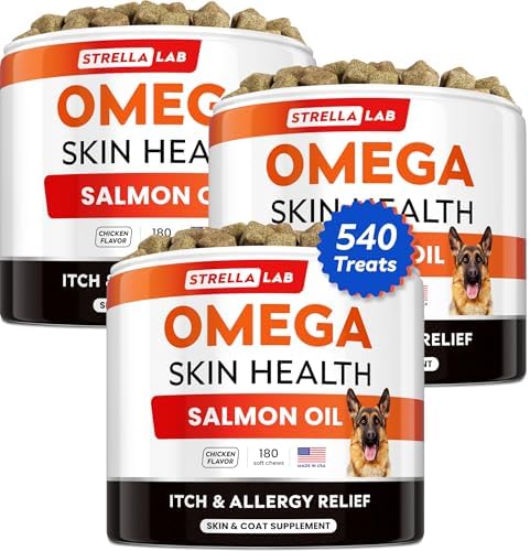 STRELLALAB Omega 3 for Dogs - (540Ct) Fish Oil Treats - Allergy & Itch Relief Skin&Coat Supplement - Dry Itchy Skin, Shedding, Hot Spots Treatment, Anti Itch - Pet Salmon Oil Chews - Chicken