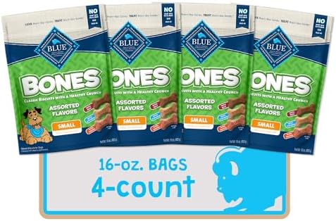 Blue Buffalo Bones Small Natural Dog Treats, Crunchy Dog Biscuits, Assorted Flavors - Beef, Chicken, Bacon Flavors, 16-oz. Bag (4 Pack)