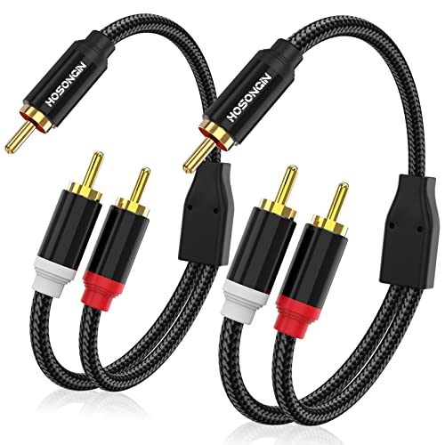 HOSONGIN RCA Y Splitter Cable, 1 Male to 2 Male Audio Cables (2 Pack), 12 Inch, 24K Gold-Plated, Cotton Braided, Shielded Subwoofer Cable for Amplifiers, TV, Home Theater, Hi-Fi Systems