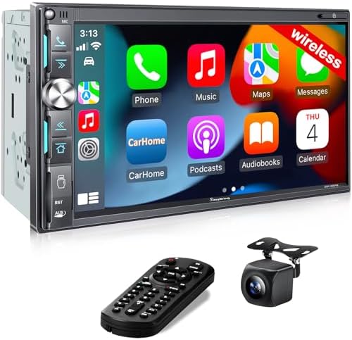 [QLED Touchscreen Upgrade] 7" Double Din Car Stereo with Wireless Apple CarPlay & Android Auto, Bluetooth 5.3, 240W 4.2 CHN 2 Subwoofer Outputs, Backup Camera, AM/FM Radio