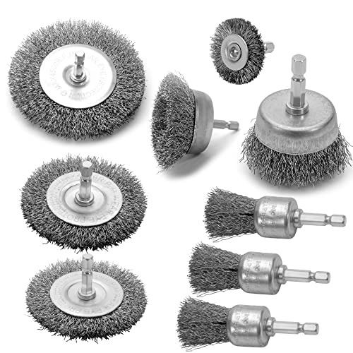 Wire Brush for Drill Set 9Pcs,Abrasive Wire Wheel for 1/4 Inch Hex Shank, Wire Cup Brush for Drill, Coarse Crimped Carbon Steel Wire Brush Set for Removing Paint and Rust