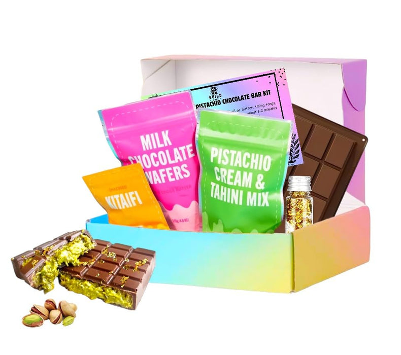 JUMBO DIY Dubai Pistachio Chocolate Bar Making Kit Pistachio Butter, Knafeh/Phyllo Dough, Chocolate Complete Set (24k Gold Flakes Included) (White-Chocolate)