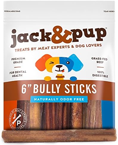 Jack&Pup 6-inch Premium Odor Free Bully Sticks Dog Treats – 6” All Natural Gourmet Dog Treat Chews – Fresh and Savory Beef Flavor – 30% Longer Lasting (6-Inch Thick Bully Sticks -12 Pack)