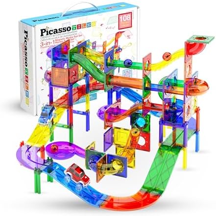 PicassoTiles 108pc 3-in-1 Marble Run Car Race Track Combo Magnetic Tiles PicassoToys Magnet Building Block Educational Construction Toy Playset STEM STEAM Learning Kit Child Brain Development PTG108