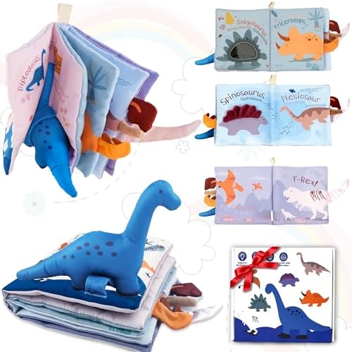 Richgv Baby Books Toys 0-6-12 Months, Baby Boy Gifts Touch and Feel Crinkle Books with Dino Doll, Newborn Infant Toys 6-9-12 Months, Carseat Toys Shower Gifts Baby Valentines Gifts Stocking Stuffers