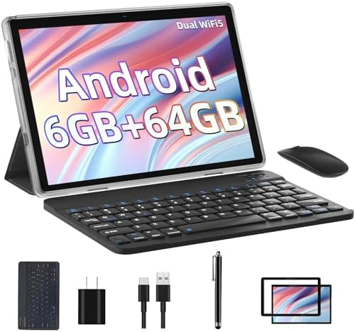 Android Tablet, 10.1 inch Android 13 Tablet 6GB+64GB 1TB Expand, 2 in 1 Tablets with Keyboard, Case, Mouse, Stylus, 1280x800 IPS Touch Screen, 2.0GHz Quad-Core, WiFi, Bluetooth5.0, Dual Camera (Blue)