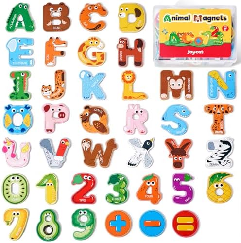 Wooden Thick Alphabet Magnets for Toddlers Fridge Large Size Cute Animal Colorful ABC Magnetic Letters 26 Uppercase Letters 0-9 Numbers Toy Set for Kids Toddlers Preschool Learning Spelling