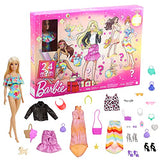 Barbie Advent Calendar with Barbie Doll (12-in), 24 Surprises Including Day-to-Night Trendy Clothing & Accessories, Festive Holiday Themed Packaging for Kids 3 to 7 Years Old