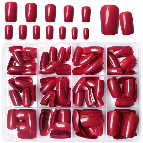 LoveOurHome 240pc Red Press on Nails Medium Square Fake Nails Press ons Square Nail Tips Red Acrylic Nails Christmas Glue on Nails False Artificial Fingernails with Glue Adhesive Tabs Women Girls