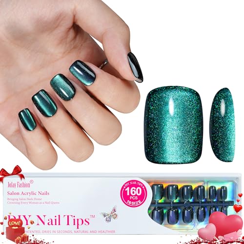 Press on Nails Short - Chameleon Cat Eye Press on Nails, Square Glue on Nails False Nails, Bt Art Box Press On Nails, Soft Gel x Coat Nails False Nails in 16 Sizes -160PCS Soft Gel Fake Nails Kit